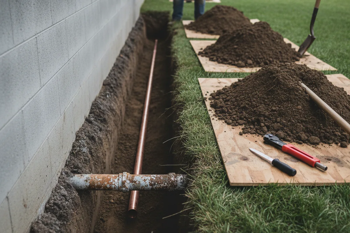 Excavated water line trench during Water Softener Installation in Chappell